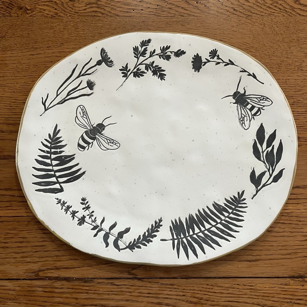 Place & Time White Ceramic Oval Platter Botanical Bees Pattern 10x12"JOANN